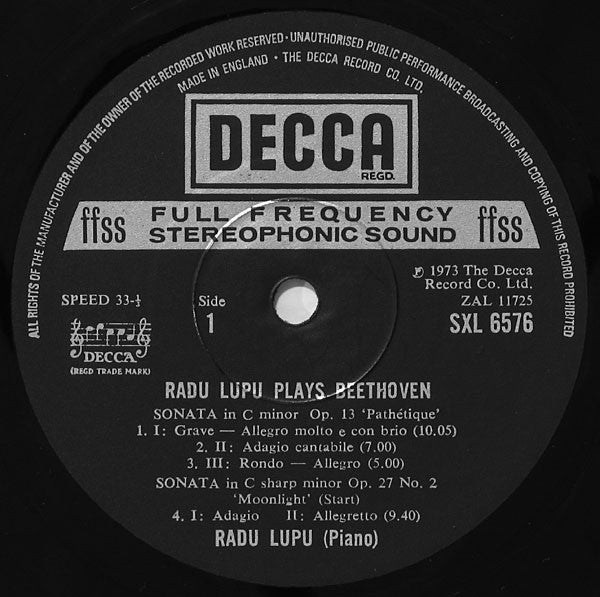 Image of Label Cover of LP - VG+/VG+ - RADU LUPU, Beethoven: Piano Sonata Op. 27 No. 2 "Moonlight" / Piano Sonata Op. 13 "Pathetique" / Piano Sonata Op. 53 "Waldstein" (Decca Black Boxed Narrowband; SXL 6576, UK 1973, Laminated Sleeve), ,  - 2626107E