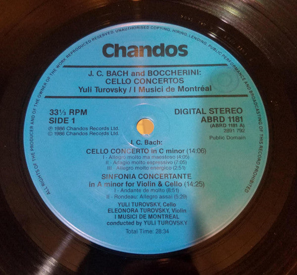 Image of Label Cover of LP - VG+/VG+ - YULI TUROVSKY, ELEONORA TUROVSKY, I MUSICI DE MONTREAL, J. C. Bach: Cello Concertos In C Minor - Sinfonia Concertante In A Major - Boccherini: Cello Concerto In B Flat G.482 (Chandos; ABRD 1181, UK 1986), ,  - 2626108E