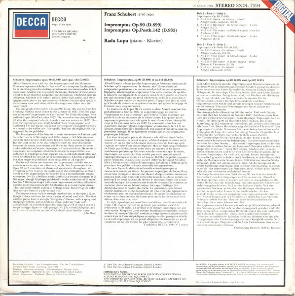 Image of Back Cover of LP - VG+/VG+ - RADU LUPU, Schubert: Impromptus Op.90 (D899) & Op.142 (D935) (Decca; SXDL 7594, UK & Europe 1983), ,  - 2626109E