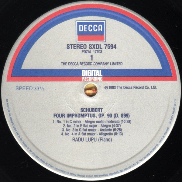 Image of Label Cover of LP - VG+/VG+ - RADU LUPU, Schubert: Impromptus Op.90 (D899) & Op.142 (D935) (Decca; SXDL 7594, UK & Europe 1983), ,  - 2626109E
