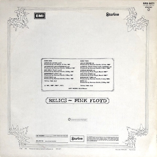 Image of Back Cover of LP - VG+/VG - PINK FLOYD, Relics (Starline; SRS 5071, UK 1974 Reissue, Textured Sleeve, A3/B5 HTM), ,  - 2616186C