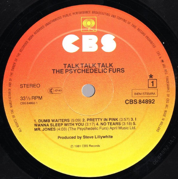 Image of Label Cover of LP - VG+/G+ - THE PSYCHEDELIC FURS, Talk Talk Talk (CBS Orange/Yellow Made In Holland Rim Text; CBS 84892, Europe 1981, Inner), ,  - 2616294C