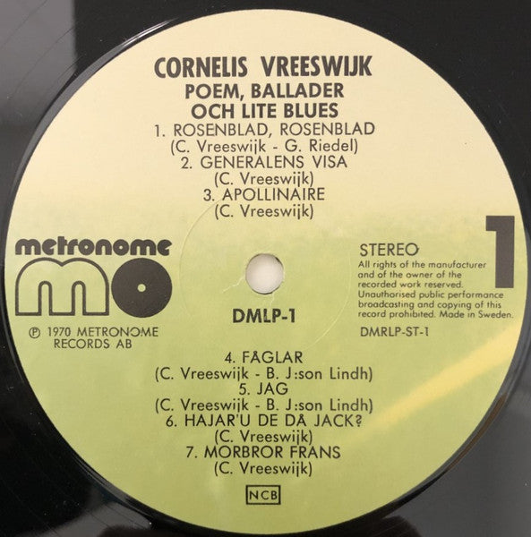 Image of Label Cover of 2xLP - VG+/VG - CORNELIS VREESWIJK, Poem, Ballader Och Lite Blues (Metronome Light Green Labels; DMLP-1, Sweden 1970s Reissue, Gatefold, Stereo), ,  - 2616227C