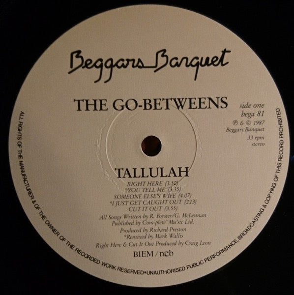 Image of Label Cover of LP - VG/VG - THE GO-BETWEENS, Tallulah (Beggars Banquet; BEGA 81, Scandinavia 1987, Inner), ,  - 2616264C