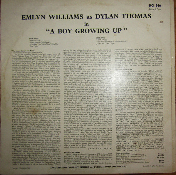 Image of Back Cover of LP - VG/VG+ - EMLYN WILLIAMS, A Boy Growing Up (Record One) (Argo Record Company Limited; RG 546, UK 1968, Laminated Front Sleeve, Company Inner, Dylan Thomas), ,  - 2616297C