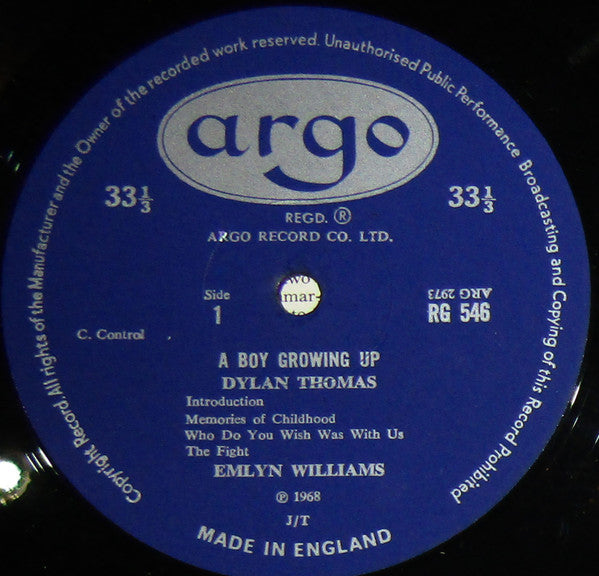 Image of Label Cover of LP - VG/VG+ - EMLYN WILLIAMS, A Boy Growing Up (Record One) (Argo Record Company Limited; RG 546, UK 1968, Laminated Front Sleeve, Company Inner, Dylan Thomas), ,  - 2616297C