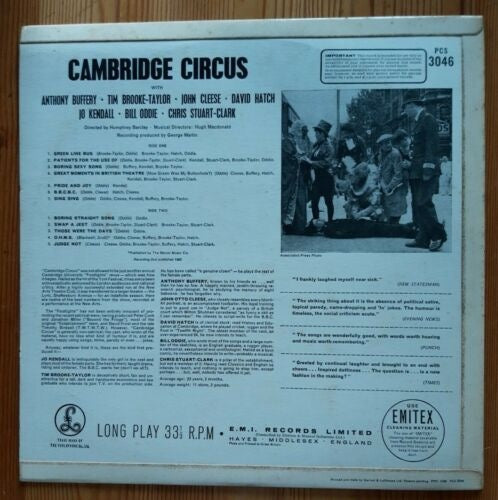 Image of Back Cover of LP - VG/VG - ANTHONY BUFFERY, TIM BROOKE-TAYLOR, JOHN CLEESE, DAVID HATCH, JO KENDALL, BILL ODDIE, CHRIS STUART-CLARK, Cambridge Circus (Parlophone; PCS 3046, UK 1963, Laminated Flipback Sleeve, Stereo), "Factory Sample" sticker on label.,  - 2616298C