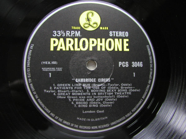 Image of Label Cover of LP - VG/VG - ANTHONY BUFFERY, TIM BROOKE-TAYLOR, JOHN CLEESE, DAVID HATCH, JO KENDALL, BILL ODDIE, CHRIS STUART-CLARK, Cambridge Circus (Parlophone; PCS 3046, UK 1963, Laminated Flipback Sleeve, Stereo), "Factory Sample" sticker on label.,  - 2616298C