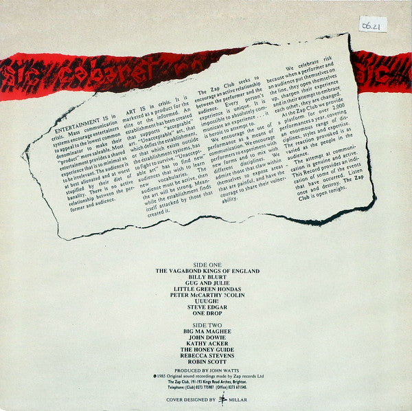 Image of Back Cover of LP - VG/VG+ - VARIOUS, Live At The Zap Club (Cabaret Poetry Music) (Zap Records; ZAP 001 LP, UK 1985, Insert, Features Robin "Pop Muzik" Scott), ,  - 2616303C