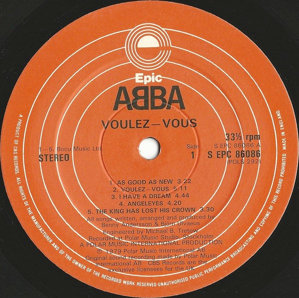 Image of Label Cover of LP - VG+/VG - ABBA, Voulez-Vous (Epic Orange; EPC 86086, UK 1979, Inner With Curved Thumb Cut, With LC 0199), A5/B2,  - 2616334C