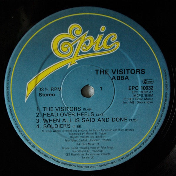Image of Back Cover of LP - VG/VG+ - ABBA, The Visitors (Epic; EPC 10032, UK 1981, Inner, CUTTING ROOM SWEDEN), A5/B3. Sleeve has some fading on spine & front.,  - 2616336C