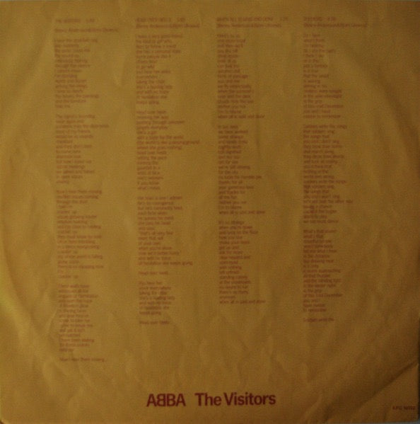 Image of Label Cover of LP - VG/VG+ - ABBA, The Visitors (Epic; EPC 10032, UK 1981, Inner, CUTTING ROOM SWEDEN), A5/B3. Sleeve has some fading on spine & front.,  - 2616336C