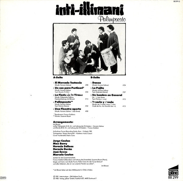 Image of Back Cover of LP - VG/VG - INTI-ILLIMANI, Palimpsesto (pl ne; 88 299, Germany 1982, Inner), Sleeve lightly stained / discoloured in places, creased too, with writing on reverse,  - 2616345C