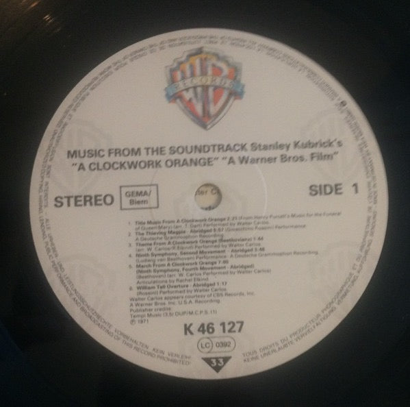 Image of Label Cover of LP - VG+/VG+ - VARIOUS, Stanley Kubrick's A Clockwork Orange (Warner Bros. Records Cream Labels With GEMA/Biem; K46127, Germany 1970s Reissue), ,  - 2616270C