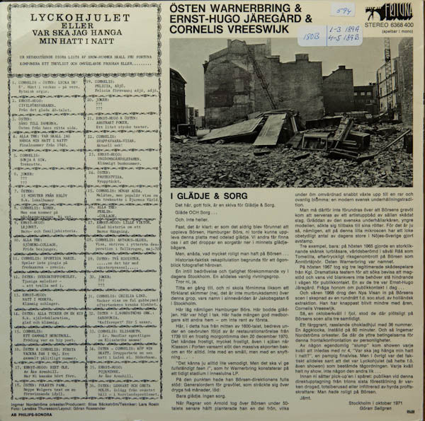 Image of Back Cover of LP - VG/VG -  STEN WARNERBRING & ERNST-HUGO J REG RD & CORNELIS VREESWIJK,  sten, Ernst-Hugo, Cornelis P  B rsen (Frituna; 6368 400, Sweden 1971), With 1971 swedish press cutting.,  - 2616353C