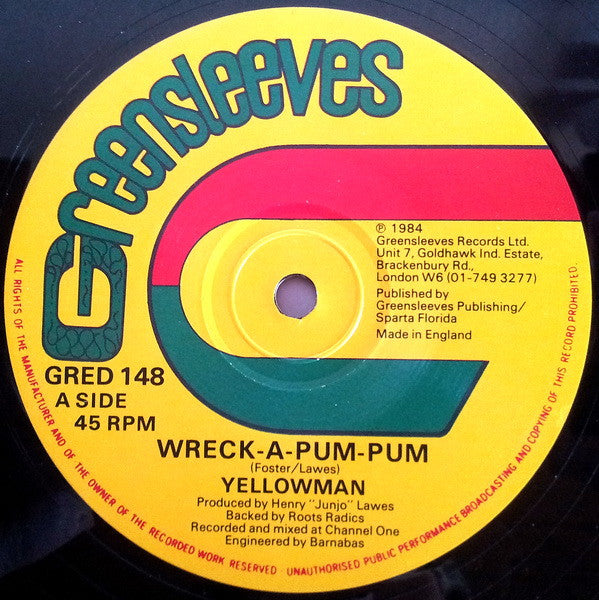 Image of Front Cover of 12" - /VG - YELLOWMAN, Wreck-A-Pum-Pum / Nobody Move Nobody Get Hurt (Greensleeves Records ; GRED 148, UK 1984), Surface marks only.,  - 2646183S