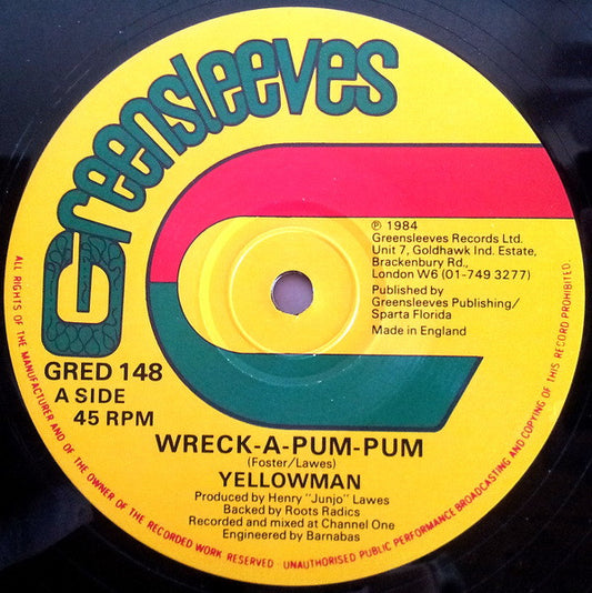 Image of Front Cover of 12" - /VG - YELLOWMAN, Wreck-A-Pum-Pum / Nobody Move Nobody Get Hurt (Greensleeves Records ; GRED 148, UK 1984), Surface marks only.,  - 2646183S