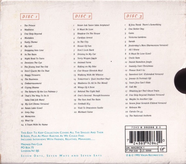 Image of Back Cover of 3xCD - VG+/VG+ - MADNESS, The Business (The Definitive Singles Collection) (Virgin; MADBOX 1, Europe 1993, Box Set, Booklet & Insert), Promo sticker over barcode.,  - 2616366C