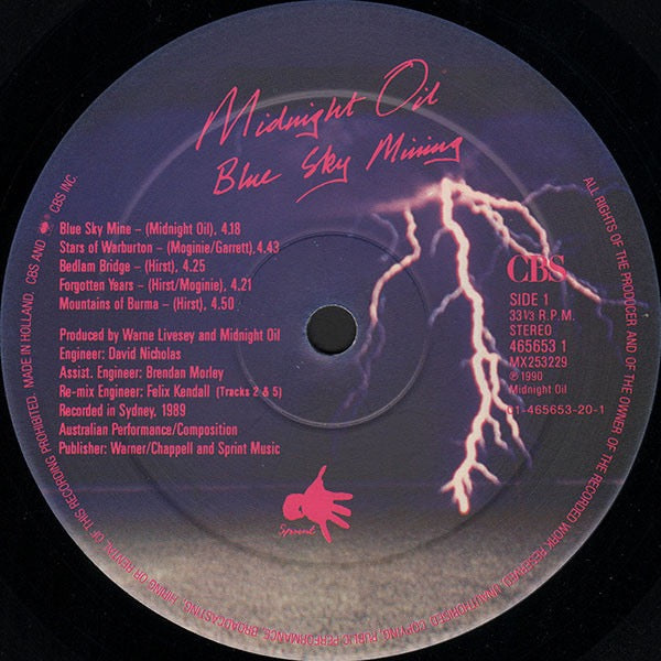 Image of Label Cover of LP - VG/VG - MIDNIGHT OIL, Blue Sky Mining (CBS; 465653 1, Europe 1990, Inner), ,  - 2616274C
