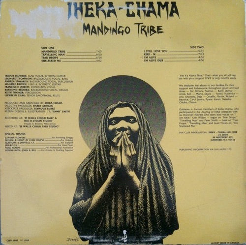 Image of Back Cover of LP - VG/G+ - IHEKA-CHAMA, Mandingo Tribe (Clappers Records; CLPS 1987, US 1984, No Insert), Lots of superficial marks and scuffs, plays fine above grade. Light wear on sleeve.,  - 2616372C