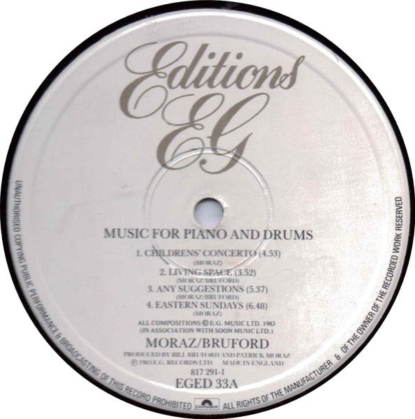 Image of Label Cover of LP - VG/G+ - MORAZ - BRUFORD, Music For Piano And Drums (Editions EG; EGED33, UK 1983, Company Inner), Light Marks only.,  - 2616276C