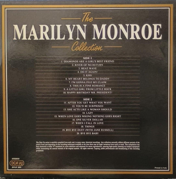 Image of Back Cover of LP - VG/VG+ - MARILYN MONROE, The Marilyn Monroe Collection - 20 Golden Greats (Deja Vu; DVLP 2001, Italy 1980s Reissue), ,  - 2616354C