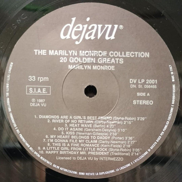 Image of Label Cover of LP - VG/VG+ - MARILYN MONROE, The Marilyn Monroe Collection - 20 Golden Greats (Deja Vu; DVLP 2001, Italy 1980s Reissue), ,  - 2616354C