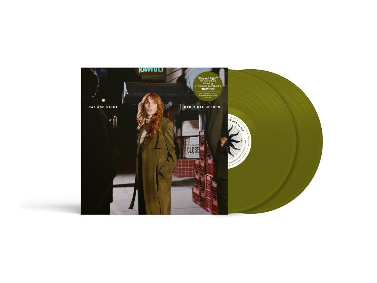 Image of Front Cover of 2xLP - NEW/NEW - CARLY RAE JEPSEN, Day and Night (Interscope; 5796667, Europe 2026, Translucent Forest Green Vinyl, Alternative Artwork), , Carly Rae Jepsen returns with a new double album "Day and Night" on September 18th. Across 24 songs, the record dreams up a world lavish enough to hold the full expanse of her identity. The lead single “On Wires” surges with urgency, capturing the dizzying pull of desire. “It’s about wanting someone so badly you can barely get through the motions