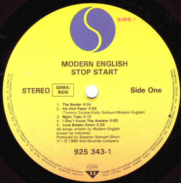 Image of Label Cover of LP - VG/VG+ - MODERN ENGLISH, Stop Start (Sire; 925 343-1, Europe 1986, Inner), Cut-out (notched), edge wear.,  - 2616356C