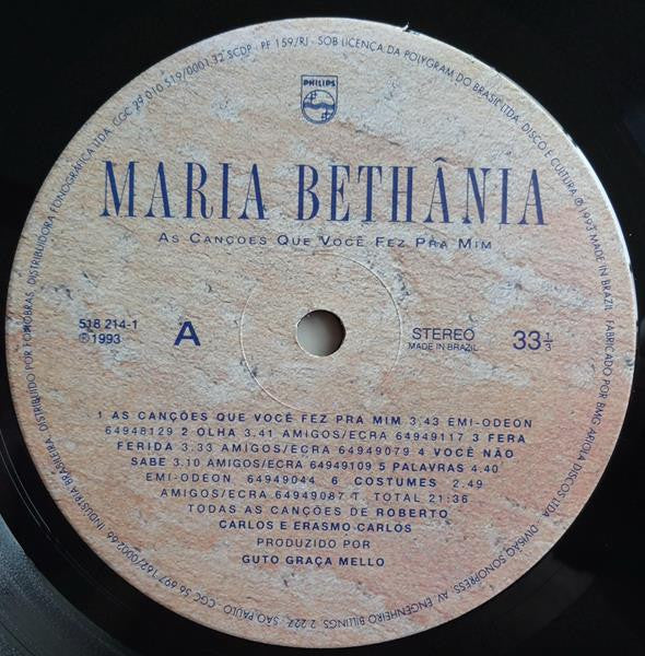 Image of Label Cover of LP - VG/VG - MARIA BETH NIA, As Can  es Que Voc  Fez Pra Mim (Philips; 518 214-1, Brazil 1993, Inner), Record has small area of fogging towards edge of side one. Sleeve has very lightly bumped corners,  - 2616390C