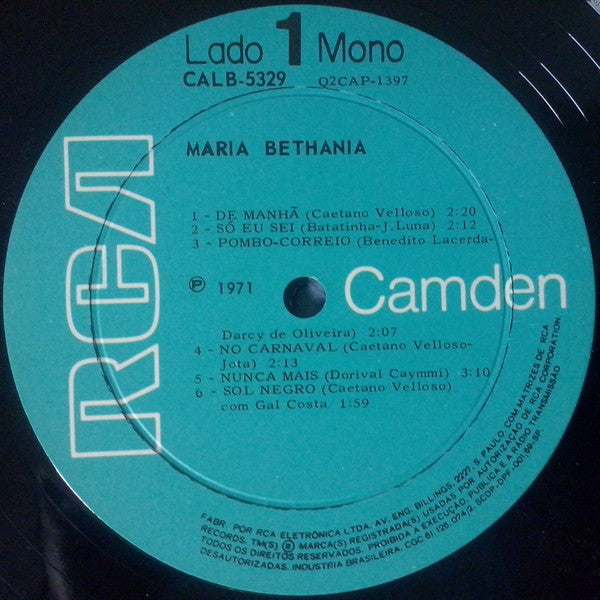 Image of Label Cover of LP - VG/VG - MARIA BETH NIA, Maria Bethania (RCA Camden ; CALB-5329, Brazil 1971 Reissue), Showing some age and marks but vinyl plays well,  - 2626199E
