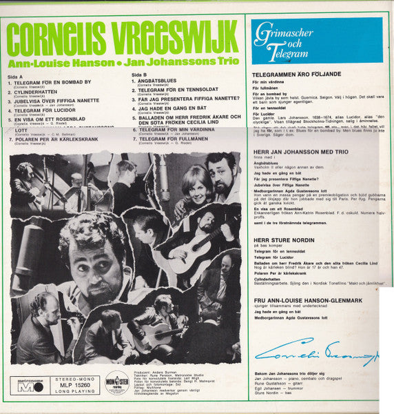 Image of Back Cover of LP - VG/VG - CORNELIS VREESWIJK, ANN-LOUISE HANSON, JAN JOHANSSONS TRIO, Grimascher Och Telegram (Metronome; MLP 15.260, Sweden Reissue), ,  - 2516361C