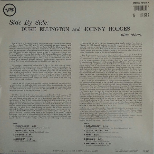 Image of Back Cover of LP - VG+/VG+ - DUKE ELLINGTON AND JOHNNY HODGES, Side By Side (Verve Records; 821 578-1, Germany 1984 Reissue, Picture Sleeve), 1 light mark on the B-side.,  - 2626172E
