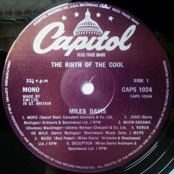 Image of Label Cover of LP - VG/VG - MILES DAVIS, The Birth Of The Cool (Capitol Records; CAPS 1024, UK 1978 Reissue), ,  - 2646241S