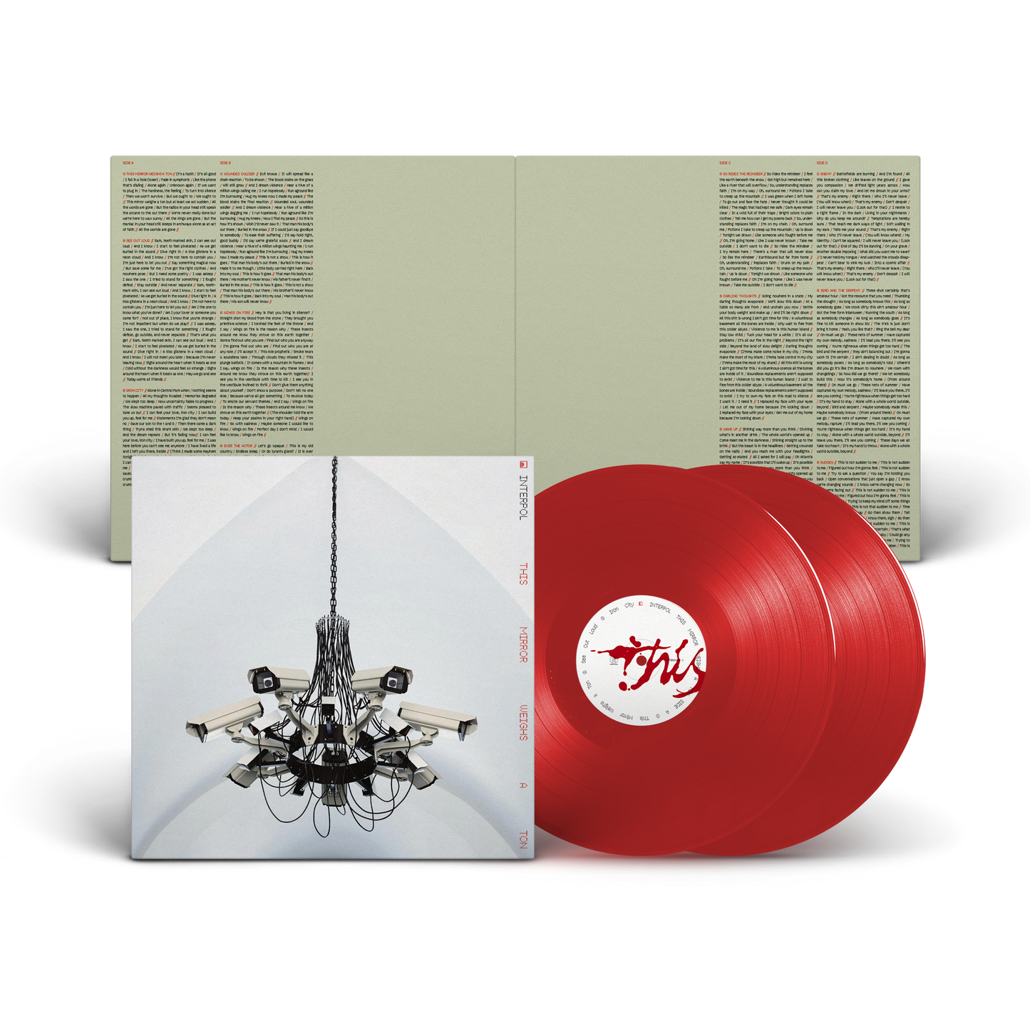 Image of Back Cover of 2xLP - NEW/NEW - INTERPOL, This Mirror Weighs A Ton (Partisan; PTSN3068-3, UK 2026, Gatefold, Transparent Red Vinyl), , 'This Mirror Weighs a Ton' finds Interpol turning inward while continuing to move forward. Across the record, reflection, distortion and perception become a lens through which familiar shapes are refracted into something slightly alien, as if seen through a different kind of light. Synthesizers, strings, acoustic guitars and percussion are integrated into the fabric 