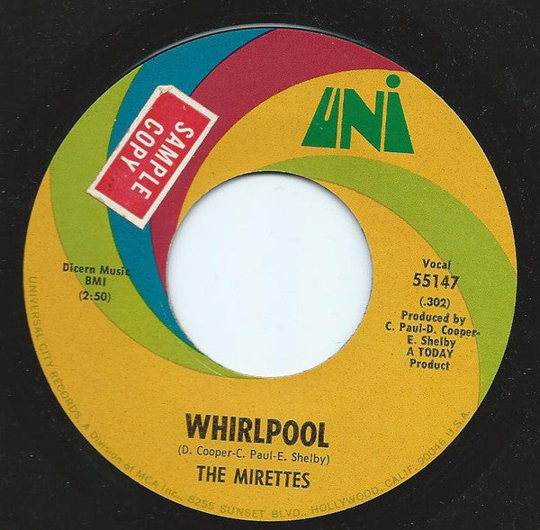 Image of Front Cover of 7" - /VG - THE MIRETTES, Whirlpool / Ain't You Trying To Cross Over (UNI Records; 55147, US 1969), A-side less marked than B-side,  - 2616402C