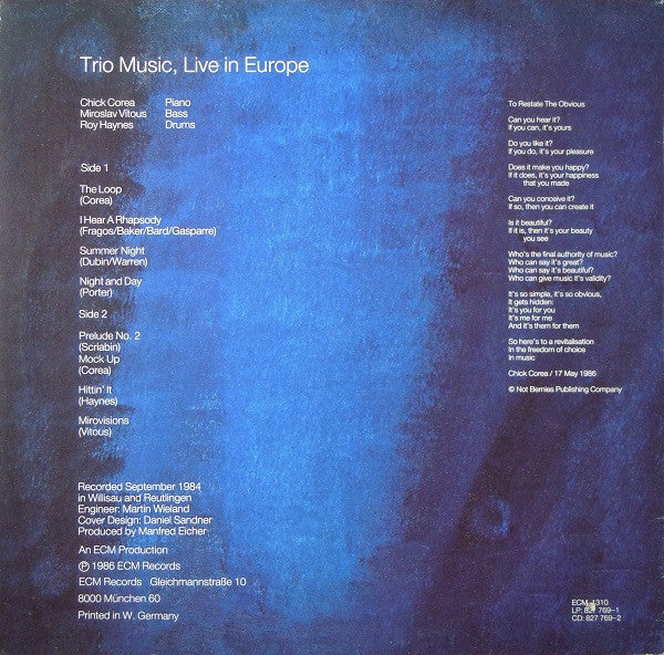 Image of Back Cover of LP - VG/VG - CHICK COREA, MIROSLAV VITOUS, ROY HAYNES, Trio Music, Live In Europe (ECM Records; ECM 1310, Germany 1986), Very strong VG, only a couple of light hairlines,  - 2626261E