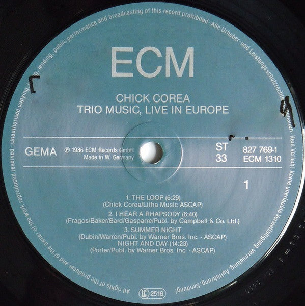 Image of Label Cover of LP - VG/VG - CHICK COREA, MIROSLAV VITOUS, ROY HAYNES, Trio Music, Live In Europe (ECM Records; ECM 1310, Germany 1986), Very strong VG, only a couple of light hairlines,  - 2626261E