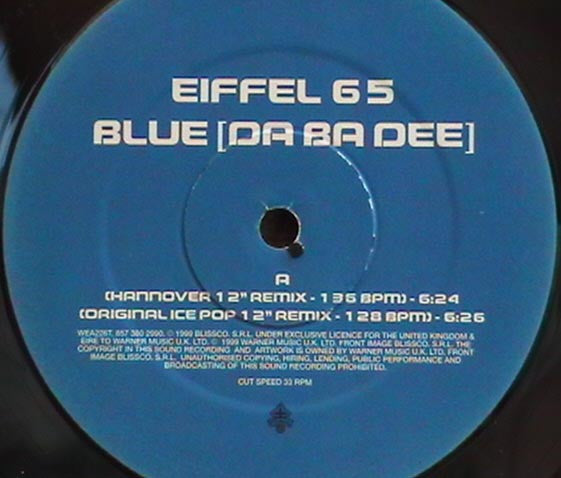 Image of Label Cover of 12" - VG/VG+ - EIFFEL 65, Blue (Da Ba Dee) (Eternal; WEA226T, UK 1999, Picture Sleeve), Small promo sticker on rear.,  - 2616414C