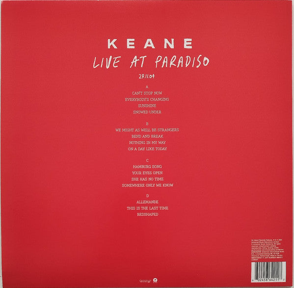 Image of Back Cover of LP - EX/EX - KEANE, Live At Paradiso 29.11.04 (Island Records; 5864211, Worldwide 2024, Record Store Day, Limited Edition Red And White Vinyl, Stereo), ,  - 2646256S