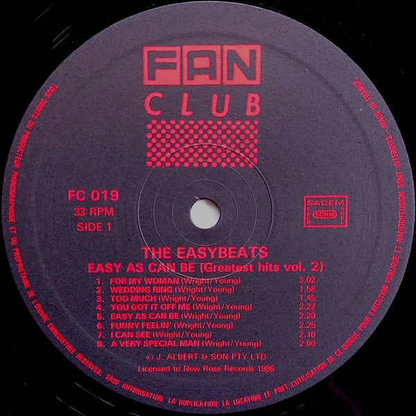 Image of Label Cover of LP - VG/G+ - THE EASYBEATS, Easy As Can Be (Fan Club Black Labels With Red Text; FC019, France 1986, Inner), Light Marks only.,  - 2616469C