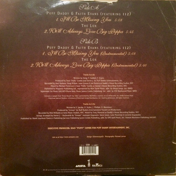Image of Back Cover of 12" - VG+/VG - PUFF DADDY & FAITH EVANS / 112 / THE LOX, Tribute To The Notorious B.I.G. (Arista; 74321 49910 1, Europe 1997, Picture Sleeve), Bottom of sleeve very slightly pinched,  - 2616505C