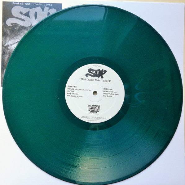 Image of Back Cover of 12" EP - VG+/VG+ - SMOKED OUT PRODUCTIONS, Mad Drama 1994-1996 EP (Chopped Herring Records; CHSOP0001, UK 2019, Stickered Plain Sleeve,  Limited Edition, Green Vinyl.), ,  - 2626228E
