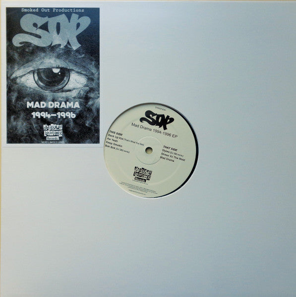 Image of Front Cover of 12" EP - VG+/VG+ - SMOKED OUT PRODUCTIONS, Mad Drama 1994-1996 EP (Chopped Herring Records; CHSOP0001, UK 2019, Stickered Plain Sleeve,  Limited Edition, Green Vinyl.), ,  - 2626228E