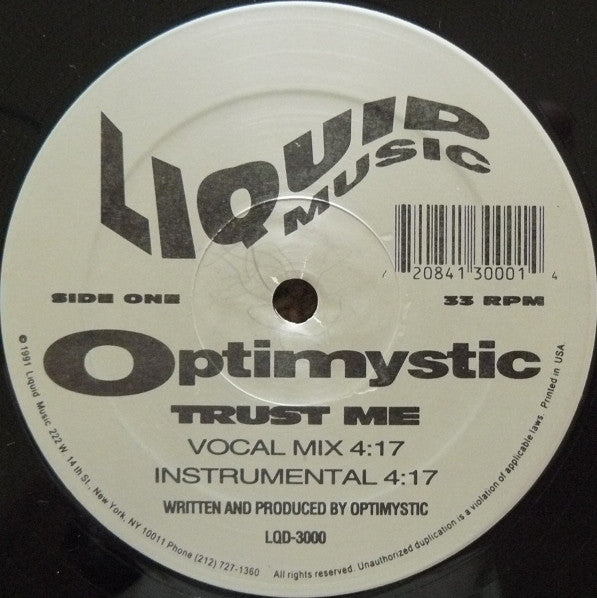Image of Front Cover of 12" - VG/VG - OPTIMYSTIC, Trust Me (Liquid Music; LQD-3000, US 1991, Stickered Plain Sleeve), Strong VG, still in shrink - opened w/ hype sticker,  - 2726020E