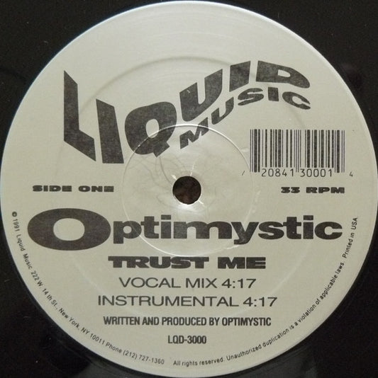 Image of Front Cover of 12" - VG+/VG+ - OPTIMYSTIC, Trust Me (Liquid Music; LQD-3000, US 1991, Stickered Plain Sleeve), still in shrink - opened w/ hype sticker,  - 2646285S
