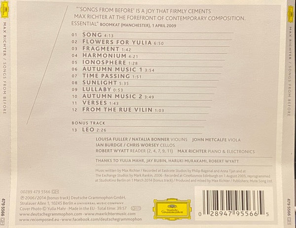 Image of Back Cover of CD - VG+/VG+ - MAX RICHTER, Songs From Before (Deutsche Grammophon; 479 5566, Europe 2014 Reissue, Jewel Case), ,  - 2616564C