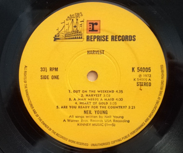 Image of Label Cover of LP - VG+/VG - NEIL YOUNG, Harvest (Reprise Records; K 54005, UK 1972, Textured Gatefold Sleeve, Textured Inner & Insert, Textured Inner does NOT have  'PATENT Nos. 1125555' & 'MADE IN GREAT BRITAIN' text), Strong VG - A couple of very light scratches, really clean cover, Inner & Insert,  - 2746001S