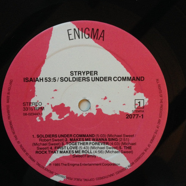 Image of Label Cover of LP - VG/VG - STRYPER, Soldiers Under Command (Enigma; 2077-1, Europe 1985), ,  - 2726006E