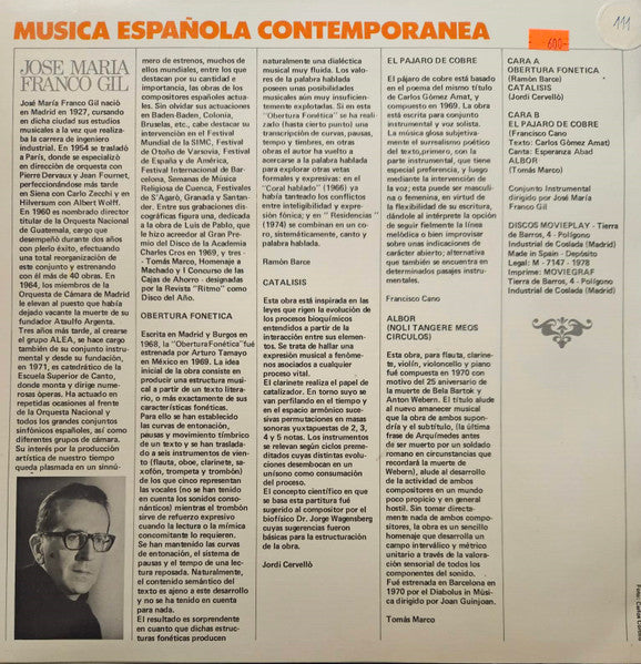 Image of Back Cover of LP - VG/VG - JOS  MAR A FRANCO GIL - RAM N BARCE / JORDI CERVELL  / FRANCISCO CANO / TOM S MARCO, M sica Espa ola Contempor nea (Movieplay; 17.1307/6, Spain 1978 Reissue), A handful of light hairlines,  - 2726038E